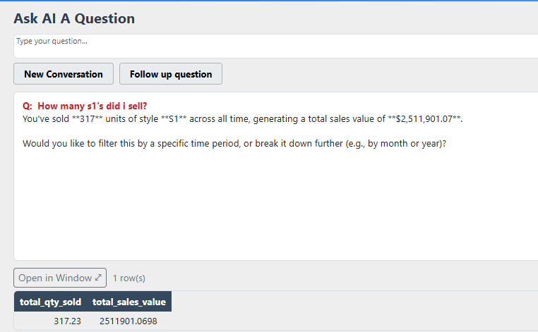 WJewel Ask AI answering how many units of style S1 were sold, with the supporting data row below