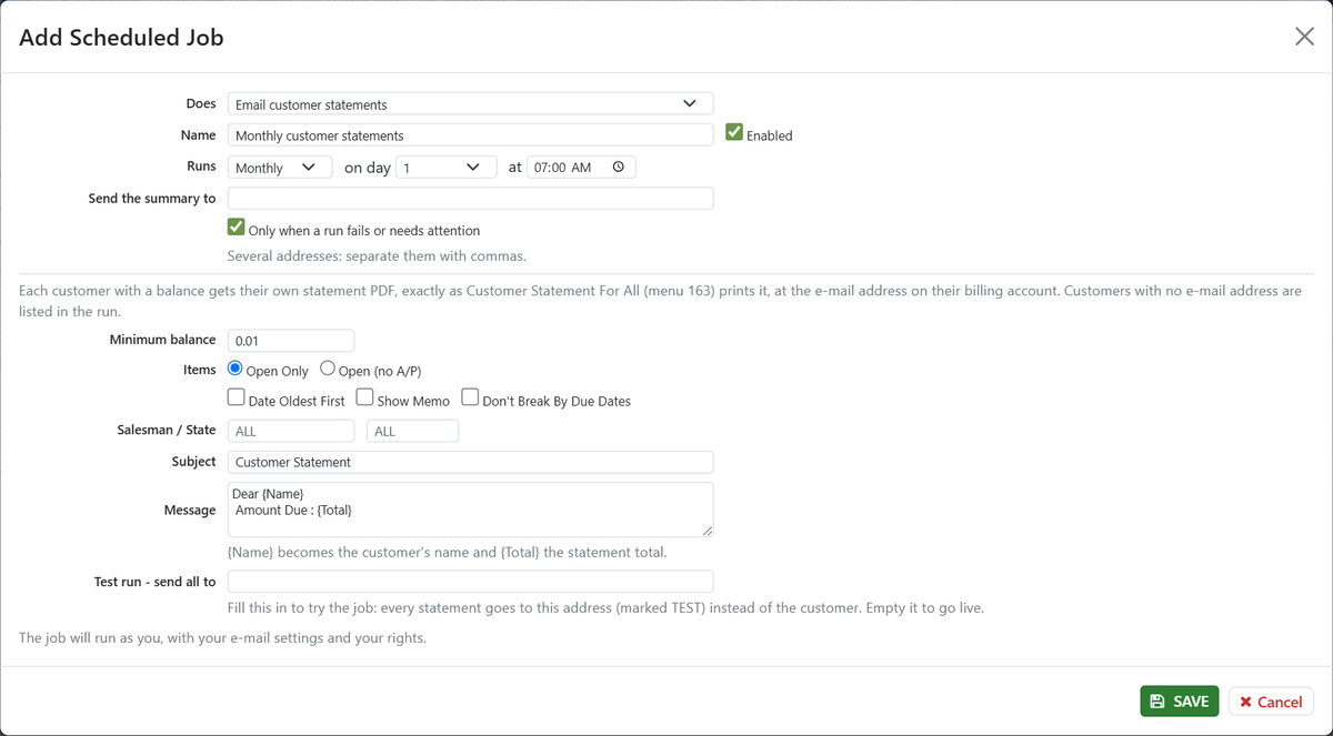 WJewel Add Scheduled Job window set to email customer statements monthly on day 1 at 7:00 AM, with minimum balance, subject, message and test-run settings
