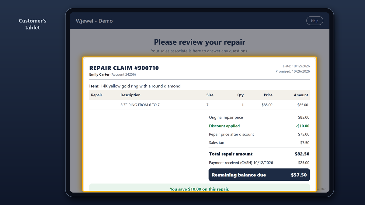 The customer's tablet showing the repair claim with the original price, the discount applied, sales tax, the deposit received and the remaining balance due