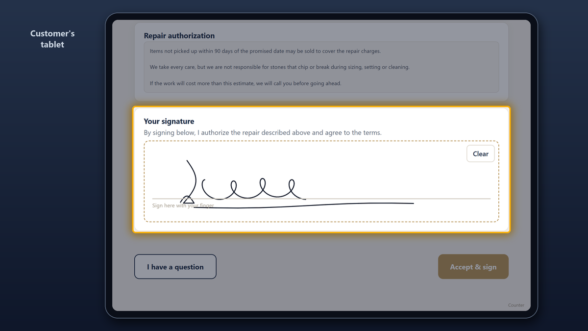 The customer's signature drawn with a finger on the tablet under the store's repair authorization terms