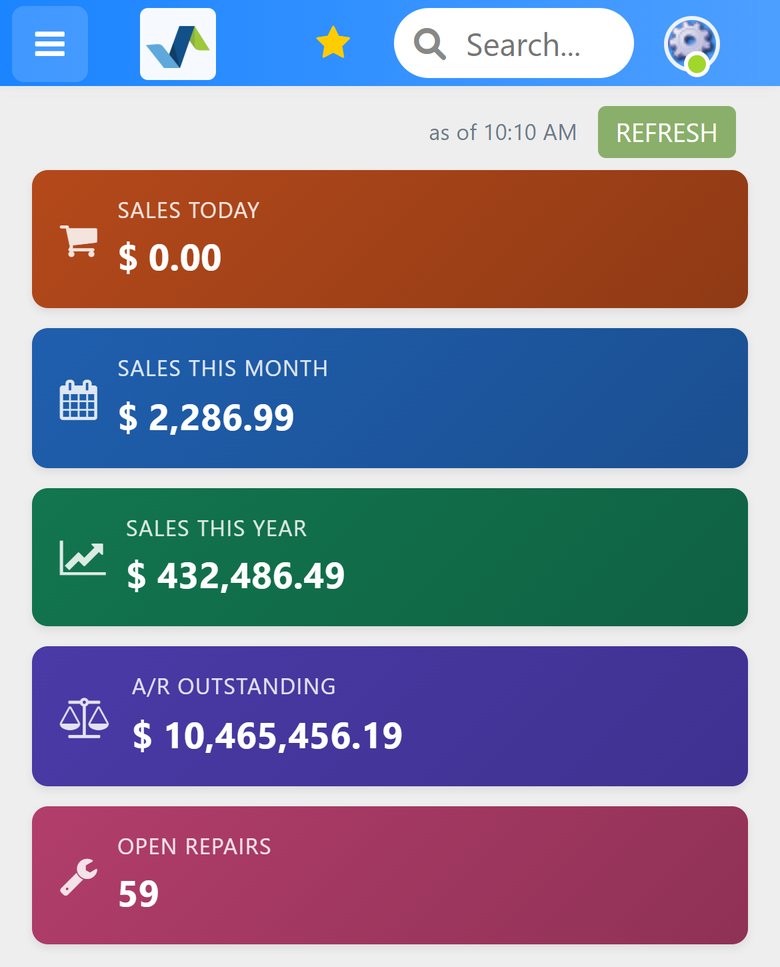 The WJewel dashboard on an iPhone, showing sales today, this month and this year, accounts receivable outstanding, and open repairs